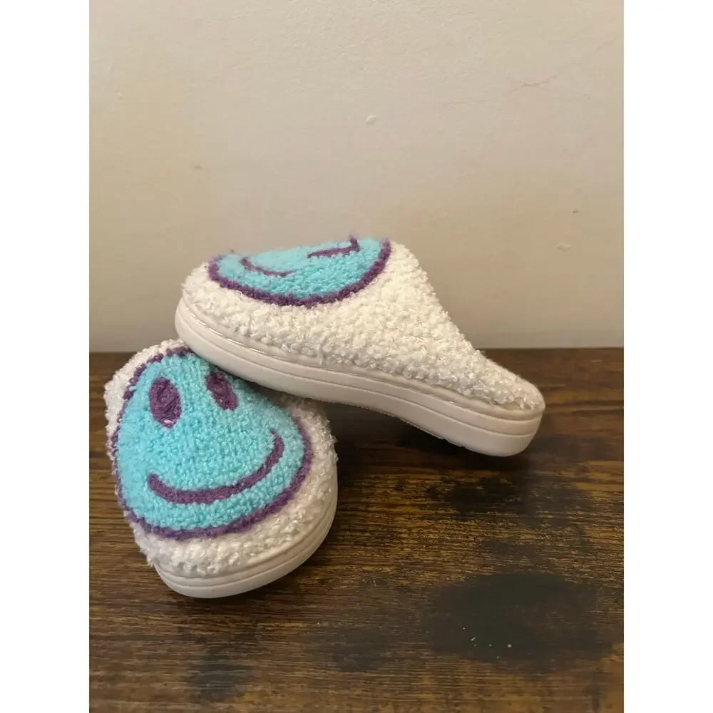 Retro Fuzzy Smiley Face Slippers Cream Teal Turquoise Purple Kids Sz 9.5 Cozy
